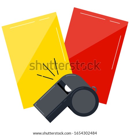 Referee whistle, yellow and red cards for football game isolated on white background. Vector sport judgement equipment concept. American football, basketball and soccer competition symbol. Flat design