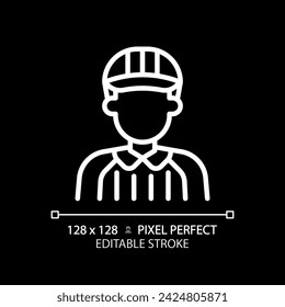 Referee white linear icon for dark theme. American football game regulation. Maintain fair play. Adjudicating sporting event. Thin line illustration. Isolated symbol for night mode. Editable stroke
