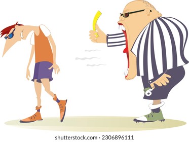 Referee. Yellow card. Sportsperson. 
Cartoon referee shows a yellow card to the player. Removal from the game
