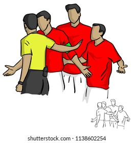 referee in yellow shirt warning soccer players in the game vector illustration sketch doodle hand drawn with black lines isolated on white background  