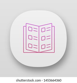 Reference book, business catalog app icon. UI/UX user interface. Web or mobile application. Catalogue, restaurant menu vector isolated illustration. Items descriptions list, Information booklet