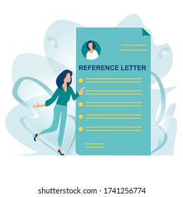 Reference letter. Recommendation letter. Employment reference. Job application. Job search concept. Unemployment Woman stand near big letter. Job hiring and online recruitment concept. Flat vector. 