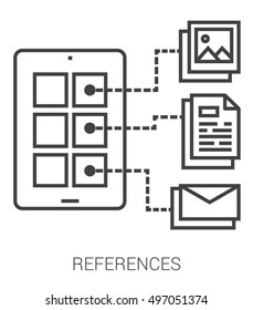 References infographic metaphor with line icons. Project references concept for website and infographics. Vector line art icon isolated on white background.