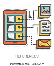 References infographic metaphor with line icons. Project references concept for website and infographics. Vector line art icon isolated on white background.