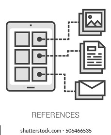 References Infographic Metaphor With Line Icons. Project References Concept For Website And Infographics. Vector Line Art Icon Isolated On White Background.