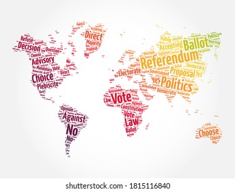 Nube de palabras del referéndum en forma de mapa mundial, fondo de concepto