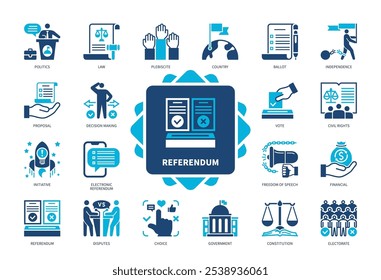 Ícone de referendo definido. Plebiscito, Independência, Eleitorado, Escolha, Governo, Direitos Civis, Voto, Iniciativa. Ícones sólidos de cor duotônica