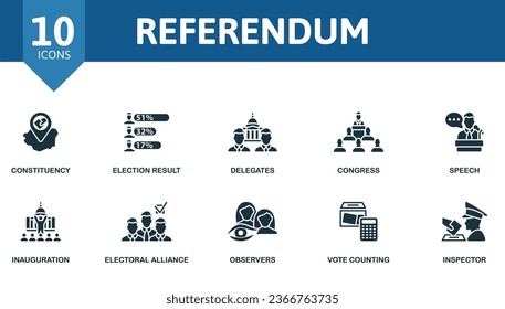Fijación del referéndum. Iconos creativos: circunscripción, resultado electoral, delegados, congreso, discurso, toma de mando, alianza electoral, observa, recuento de votos, inspector.