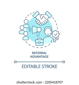 Icono de concepto turquesa del programa de ventaja de referencia. Comercialización de la contratación. Ilustración de línea delgada de idea abstracta del sistema HR. Dibujo de contorno aislado. Trazo editable. Fuentes Arial, Myriad Pro-Bold utilizadas