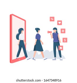 Referral concept in flat vector illustration, women refer her friends in social media illustration, mobile referral concept flat illustration