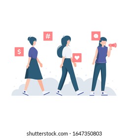 Referral concept in flat vector illustration, women refer her friends in social media illustration, women with megaphone and walking women illustration