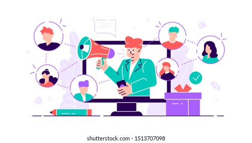 Referral concept. Marketing consumer audience communication service for influencer advertising. Products promotion persons. New customers word of mouth engagement method. Flat tiny vector illustration