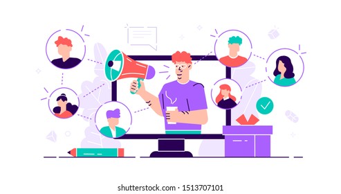 Referral concept. Marketing consumer audience communication service for influencer advertising. Products promotion persons. New customers word of mouth engagement method. Flat tiny vector illustration