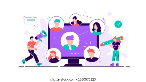 Referral concept. Marketing consumer audience communication service for influencer advertising. Products promotion persons. New customers word of mouth engagement method. Flat tiny vector illustrati