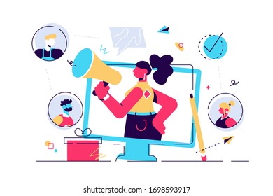 Referral concept. Marketing consumer audience communication service for influencer advertising. Products promotion persons. New customers word of mouth engagement method. Flat tiny vector illustration