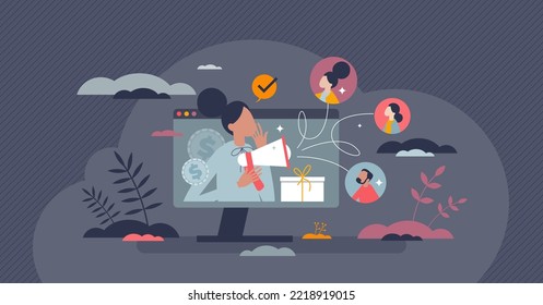 Referral customer with product recommendation to others tiny person concept. Spreading positive feedback over social media sites vector illustration. Marketing strategy with brand loyalty content.