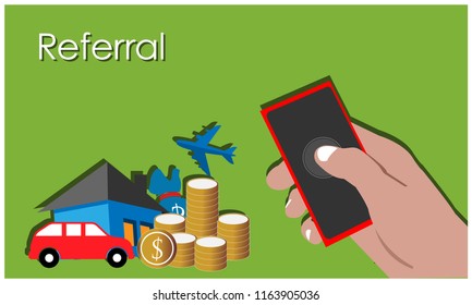 Referral with hand held smartphone on the green background. Flat vector illustration.
