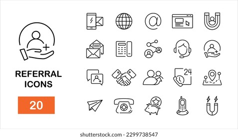 Referral icons set.Refer friend line icons set. Set of simple Contact us icons for web and mobile app. Connection and communication. Vector illustration.