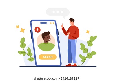 Referral loyalty program to invite friend, social media marketing. Tiny man with online mobile app in giant phone, Refer button and face portrait of user on screen cartoon vector illustration