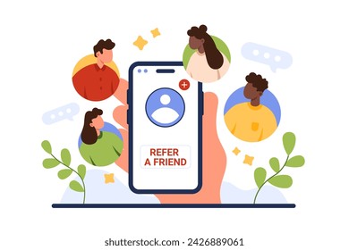 Referral loyalty program invite friend. Hand holding phone with Refer friend text, select people in network of round portraits of social media users or company employees cartoon vector illustration