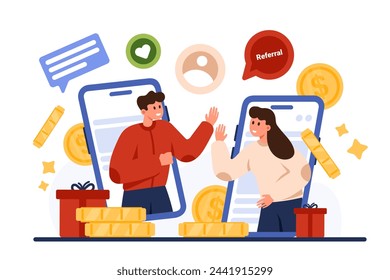 Referral loyalty program, partnership and deal. Tiny people from mobile phone screens give five, digital agreement and success cooperation for earning money coins online cartoon vector illustration