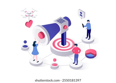 Referral marketing 3d isometric concept in geometry graphic design for web. People getting friends recommends and attracting to referral customer loyalty program announcement. Vector illustration.