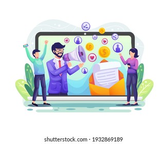 Referral marketing, affiliate marketing, a business partnership with businessman character. Marketing strategy concept vector illustration