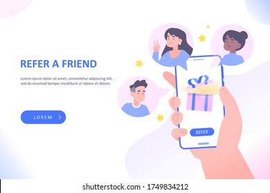 Referral Marketing Or Affiliate Marketing Concept. Hand Holding Smartphone, Invites Friends To Refer A Friend Loyalty Program To Win Online Reward, Prize Or Gift Box On Screen, Vector Illustration