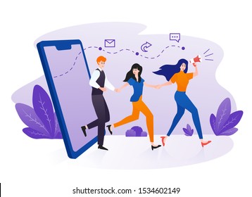 Referral marketing, affiliate marketing, network marketing, business partnership, referral program strategy. People holding hands and come out of smartphone screen