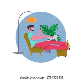 Referral marketing banner, refer a friend loyalty program, social media promotion. Man at home with smartphone, vector illustration.