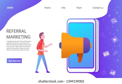 Referral marketing banner.Landing page template.Web page.Website template.Megaphone in the smartphone.Screams megaphone.Flat vector.