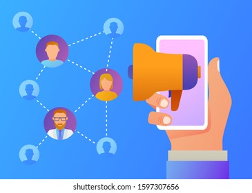 Referral marketing banner.Megaphone with refer.Can use for, landing page.Network marketing.Hand with smartphone speaker sand users avatar. Recommend to friend.Blogging promotion services vector.