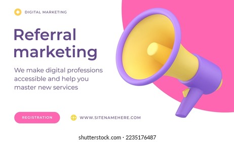 Referral marketing bullhorn public advertising promo recommendation social media banner 3d icon vector illustration. Management business SEO content technology program suggestion announcement