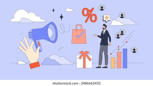 Referral marketing campaign for customer loyalty tiny person neubrutalism concept. Advertisement strategy with business promotion offers and ads for effective client communication vector illustration