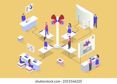 Referral marketing concept in 3d isometric design. Loyalty program to attract new customers using communication and advertisement tools. Vector illustration with isometry people scene for web graphic