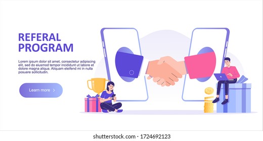 Referral marketing concept. Business people shaking hands in big smartphone. Refer A Friend loyalty program. Promotion method. Landing page template. Web banner. Modern isolated vector illustration