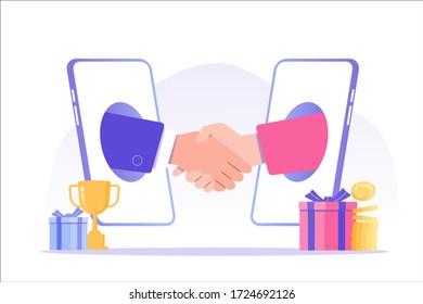 Referral marketing concept. Business people shaking hands in big smartphone. Refer A Friend loyalty program. Social communication, social media marketing. Promotion method. Vector illustration 