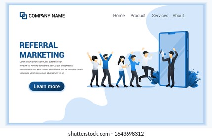 Referral marketing concept with businessman shout on megaphone for promotion referral program. Can use for landing page, web banner, web template. Vector illustration