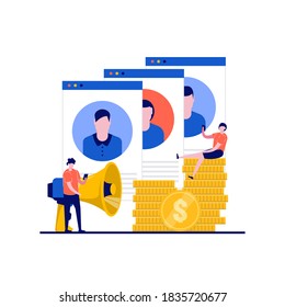 Referral marketing concept with character. Referral program strategy, referring friends and network marketing. Modern flat style for landing page, mobile app, web banner, infographics, hero images.