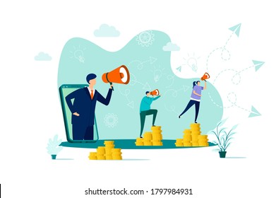 Referral marketing concept in flat style. Marketer announce in megaphone scene. Promoting in social media, referral program web banner. Vector illustration with people characters in work situation.