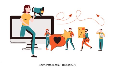 Referral marketing concept, flat tiny persons vector illustration. Successful advertising strategy and online business growth tactics. E-commerce promotion media campaign communication with customers.