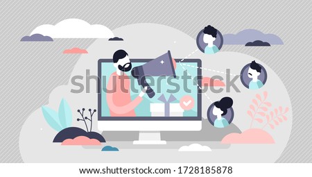 Referral marketing concept, flat tiny persons vector illustration. Successful advertising strategy and online business growth tactics. E-commerce promotion media campaign communication with customers.