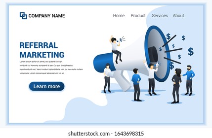 Referral marketing concept with group of people shout on big megaphone for referral marketing program. Can use for landing page, web banner, web template. Vector illustration