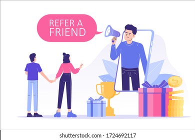 Referral marketing concept. Happy man with a megaphone invites his friends to referral program, attracts them for money and gifts. Refer A Friend loyalty program. Modern isolated vector illustration