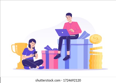 Referral marketing concept. Happy people sitting on gifts and money with laptop and smartphone inviting friends to referral program. Refer A Friend loyalty program. Modern isolated vector illustration