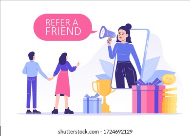 Referral marketing concept. Happy woman with a megaphone invites his friends to referral program, attracts them for money and gifts. Refer A Friend loyalty program. Modern isolated vector illustration