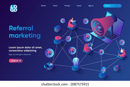 Referral marketing concept isometric landing page. Users recommend and share, loyalty program, social media marketing, 3d web banner template. Vector illustration with people scene in flat design