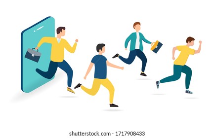 Concepto de marketing de referencia, programa de lealtad, enlace a un amigo, método de promoción. Grupo de clientes, gente tomándose de la mano y dejando un smartphone gigante.