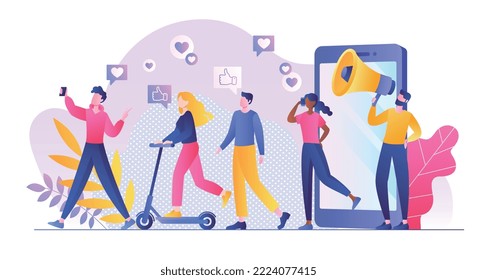 Referral marketing concept. Men and women go from smartphone screen. Modern methods of marketing and promotion on Internet. Social networks and instant messengers. Cartoon flat vector illustration