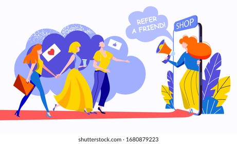 Referral marketing concept, Refer A Friend loyalty program, promotion method. Group of women customers holding hands and walking out of extremely large smartphone. Colorful flat vector illustration